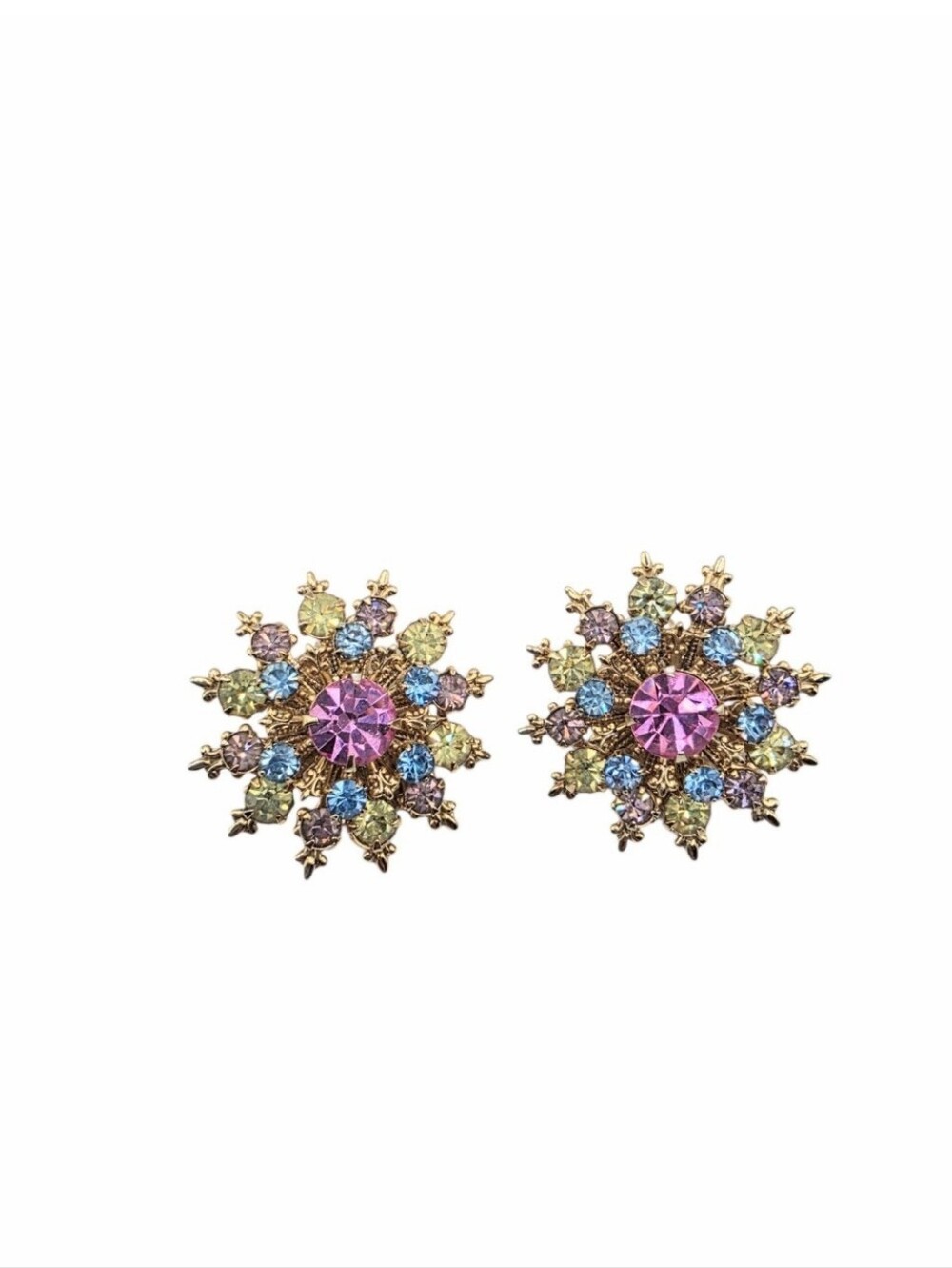 Vtg Gold-Tone Multicolor Austrian Crystal Atomic  Earrings  1950s